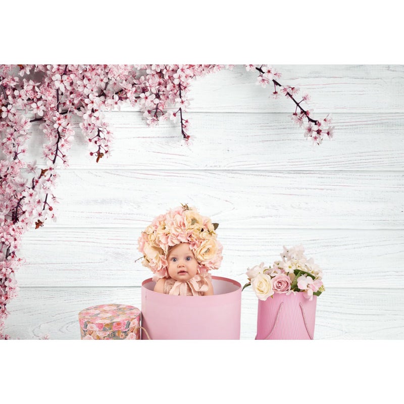 Baocicco 10x6.5ft Valentine's Day Backdrop Countryside Rustic White Wood Plank with Wood Texture Spring Pink Blossom Peach Apricot Cherry Background Children Baby Adults Portraits Backdrop - Image 2